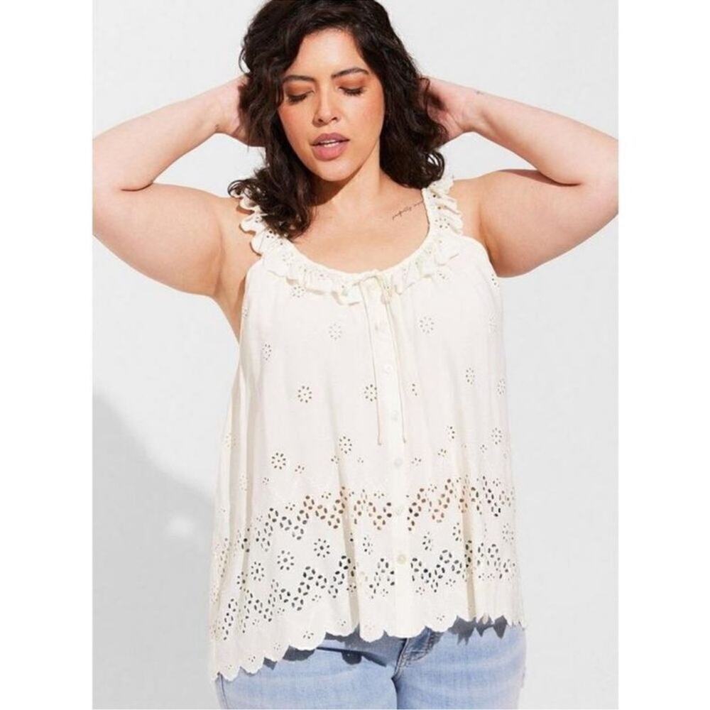 Torrid Eyelet Ruffle Tie Button Front Tank Top In Cream Ivory Plus Size 2X Girly